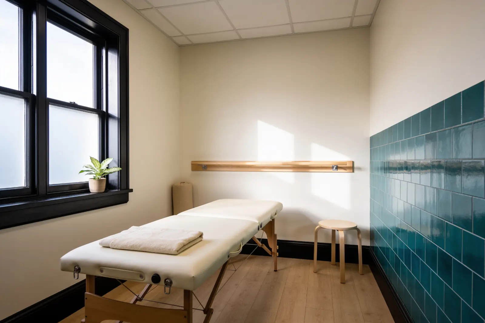 An empty physiotherapy treatment room with a cream padded couch, a folded towel, a bolster and a wooden stool.