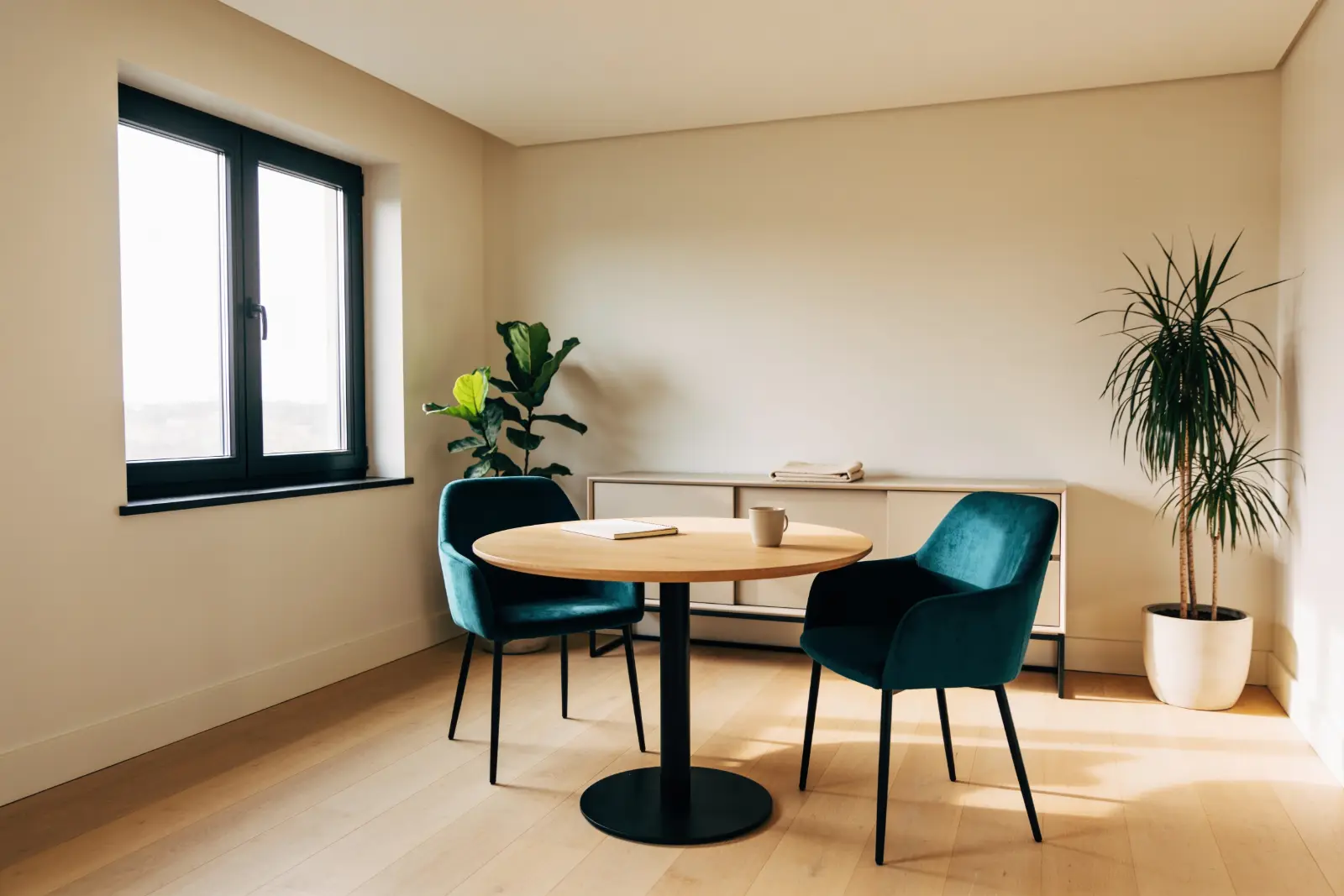 An empty consulting room with a round oak table, two teal upholstered chairs and a notebook left on the table.