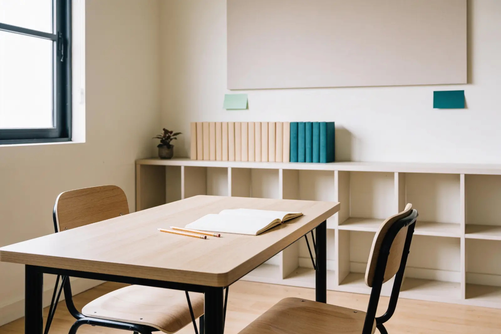 An empty one-to-one tutoring room with a study table for two, an open notebook and a low shelf of books.