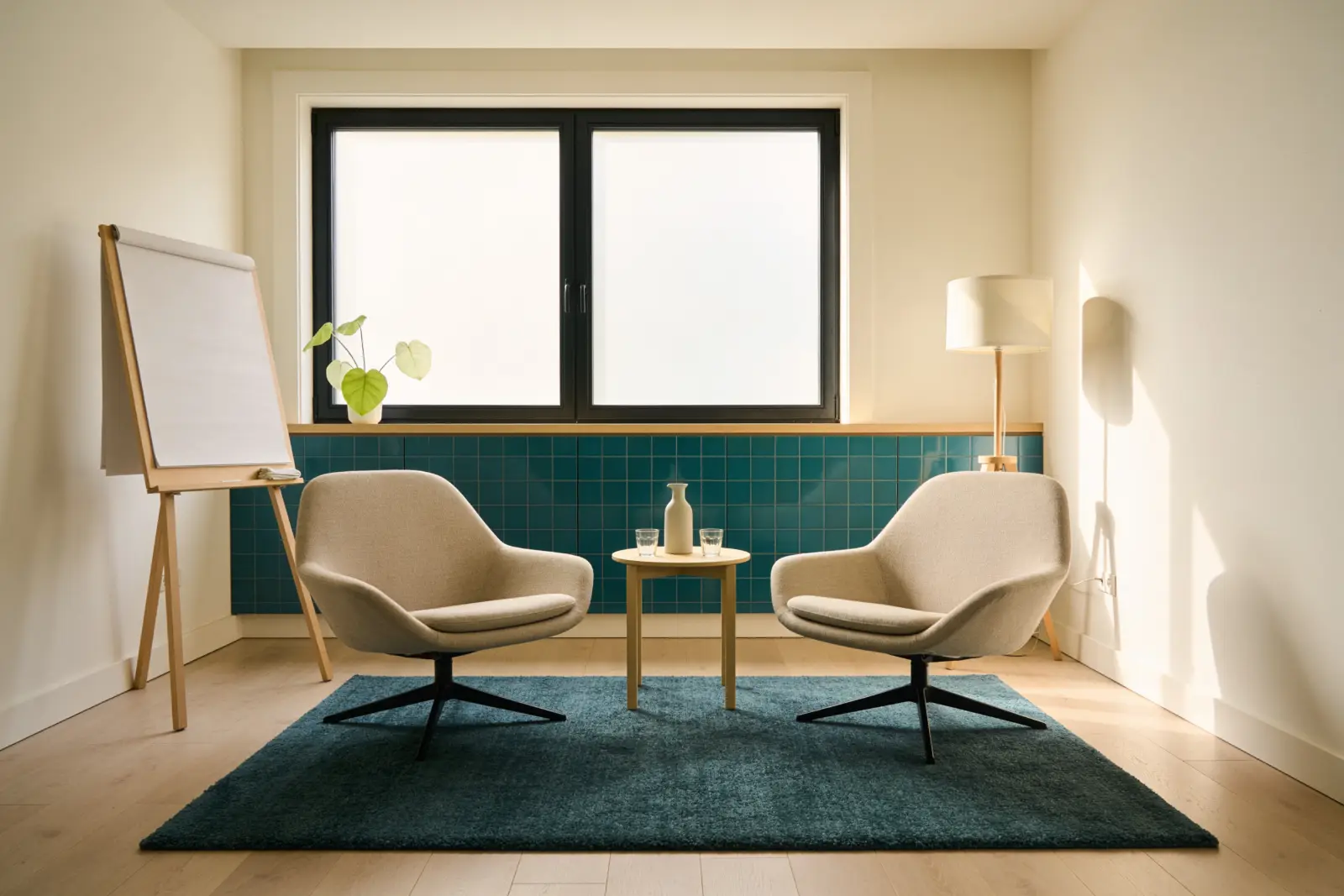 An empty coaching room with two linen lounge chairs, a side table with a water carafe and a blank flip chart on an easel.