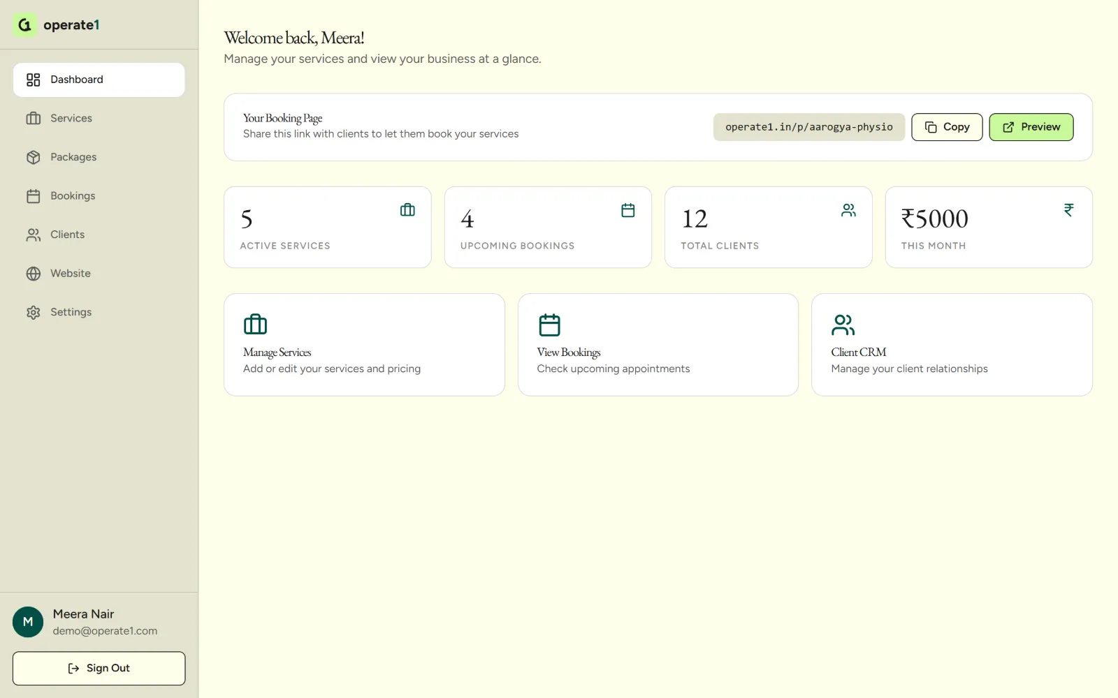 The operate1 dashboard, showing bookings and client records