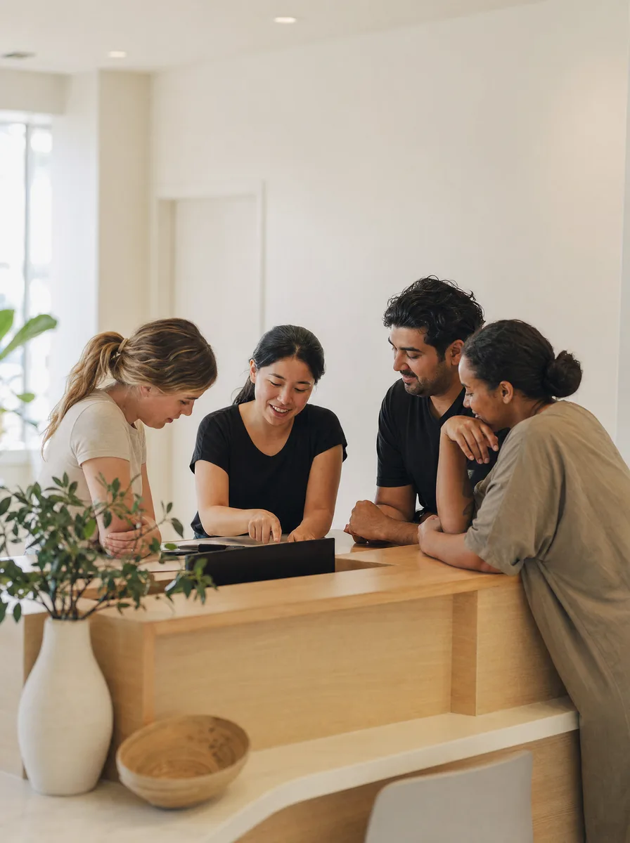 A small clinic team of four at the reception desk reviewing the week's schedule together