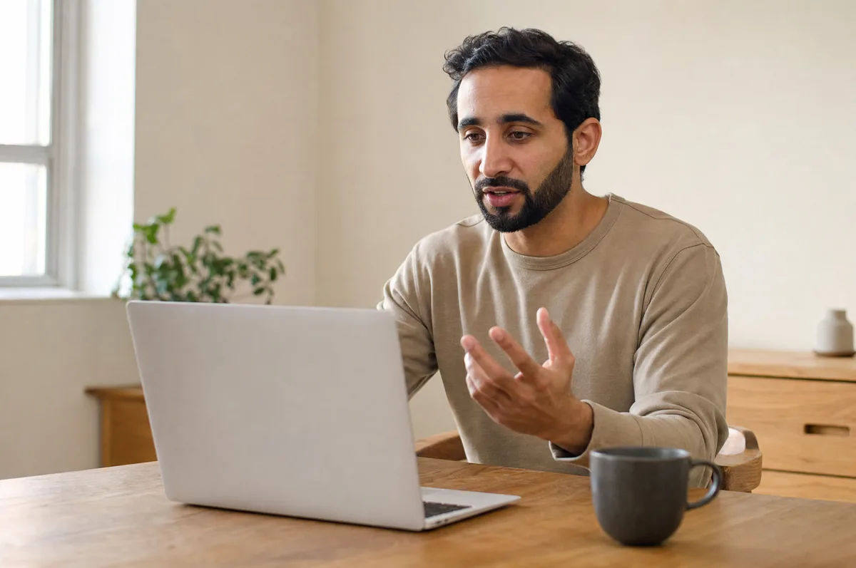 A business coach at a desk mid-sentence on a video call, laptop open and a coffee mug beside it