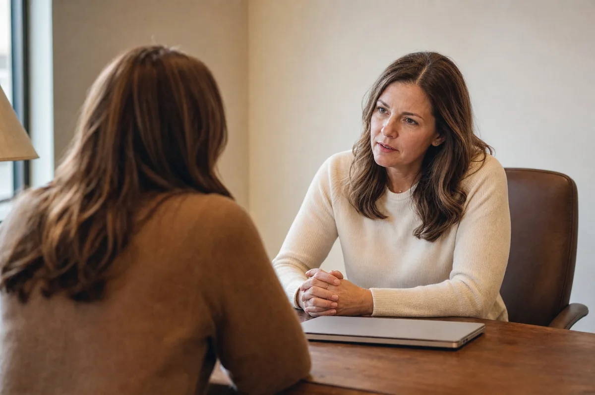 An accountant across a desk from a client, listening closely, a closed laptop between them
