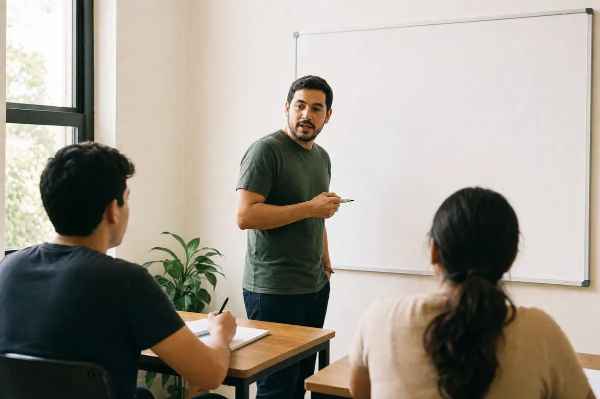 A tutor at a whiteboard in a small learning studio, marker in hand, students' desks in front