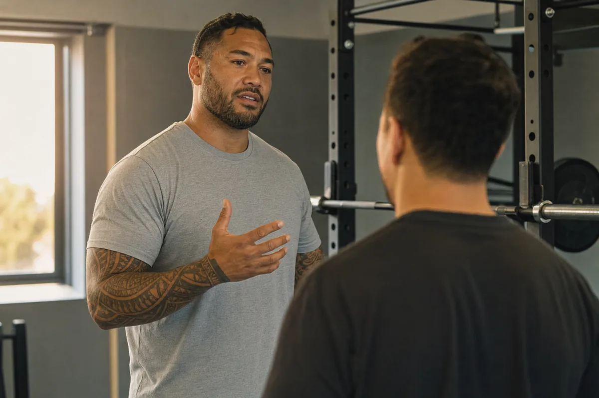 A Maori personal trainer on the gym floor beside a squat rack, explaining a lift to a client