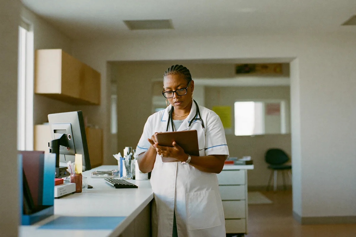 A doctor at a clinic reception desk reviewing the day's appointment list on a tablet