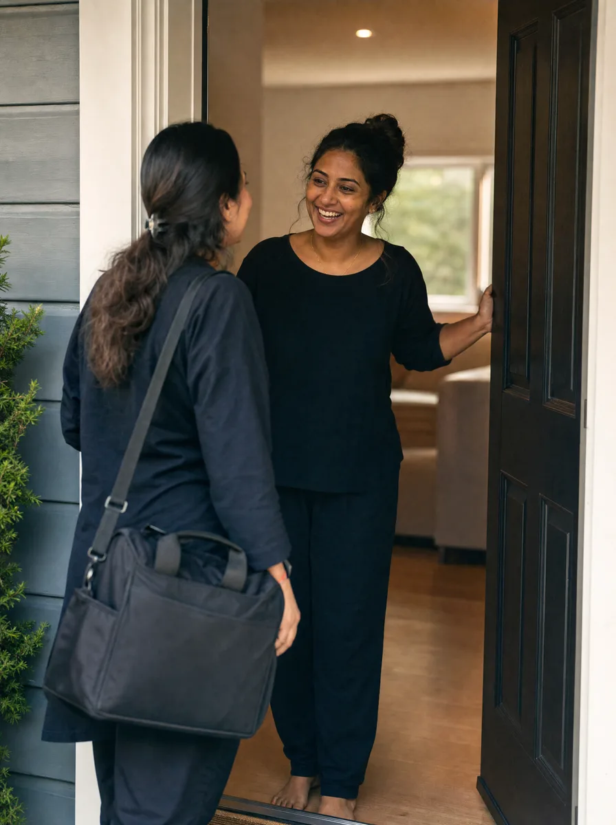 A mobile beauty professional with her kit bag welcomed at a client's front door for an appointment