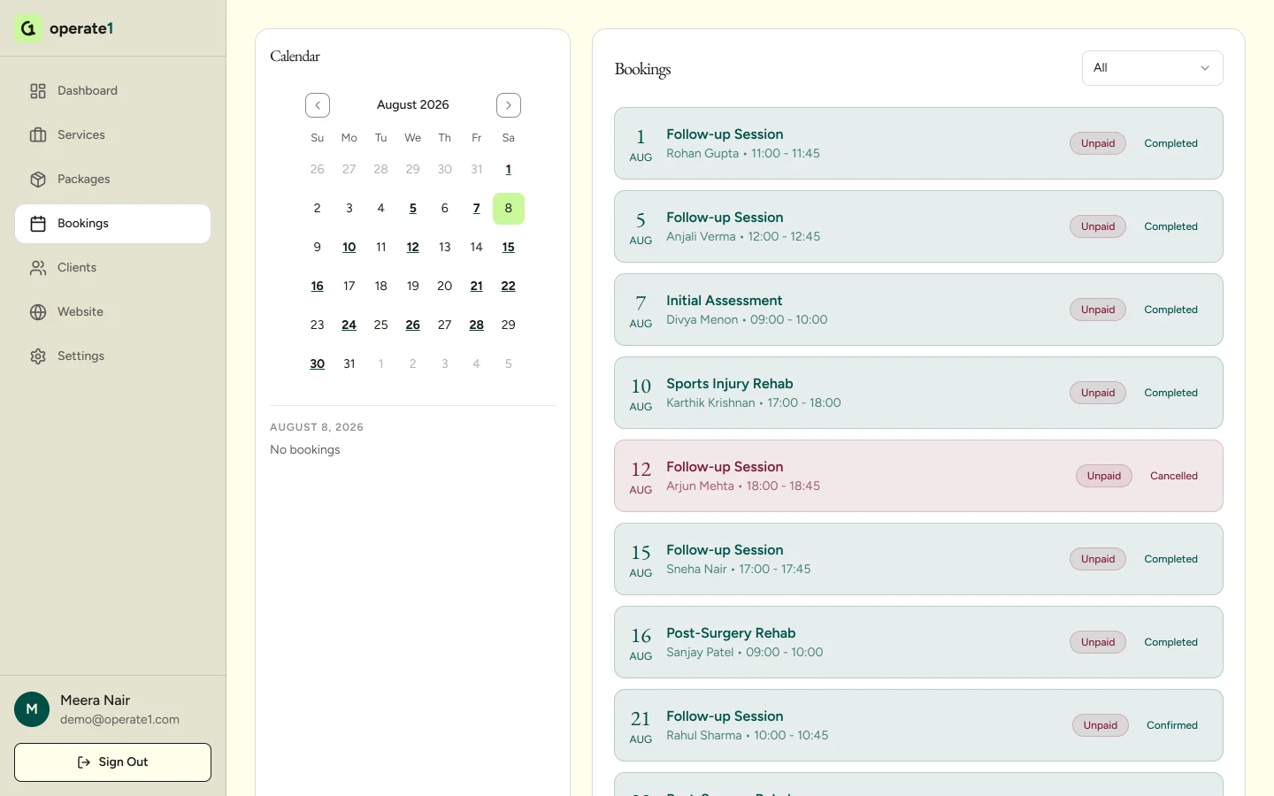The operate1 bookings view, with a month calendar on the left and a list of sessions on the right showing client, service, time, payment state and status.