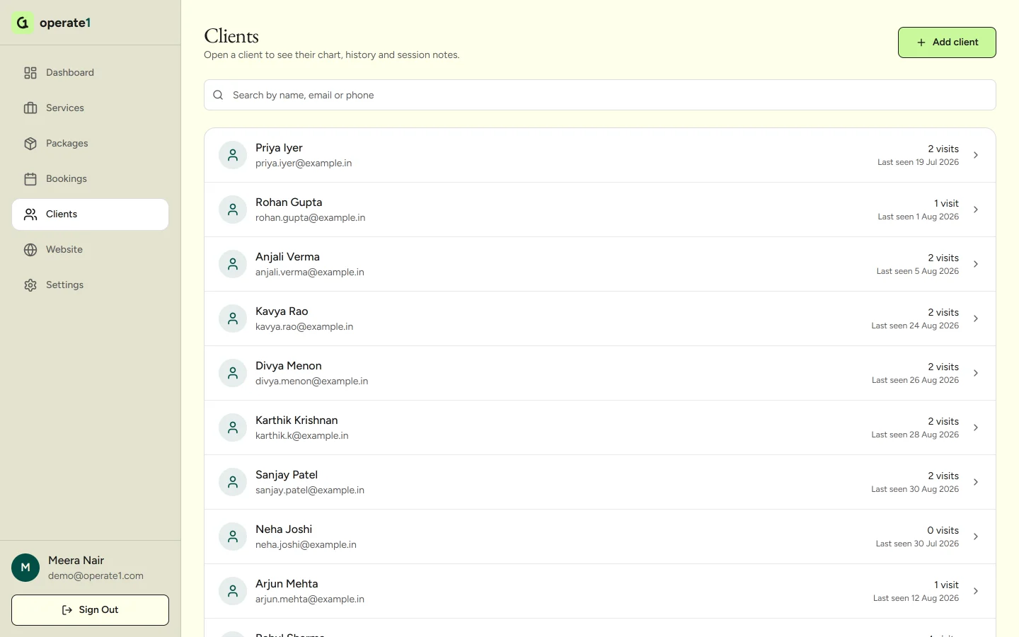 The operate1 clients list, each row showing a client name, email, number of visits and the date they were last seen.