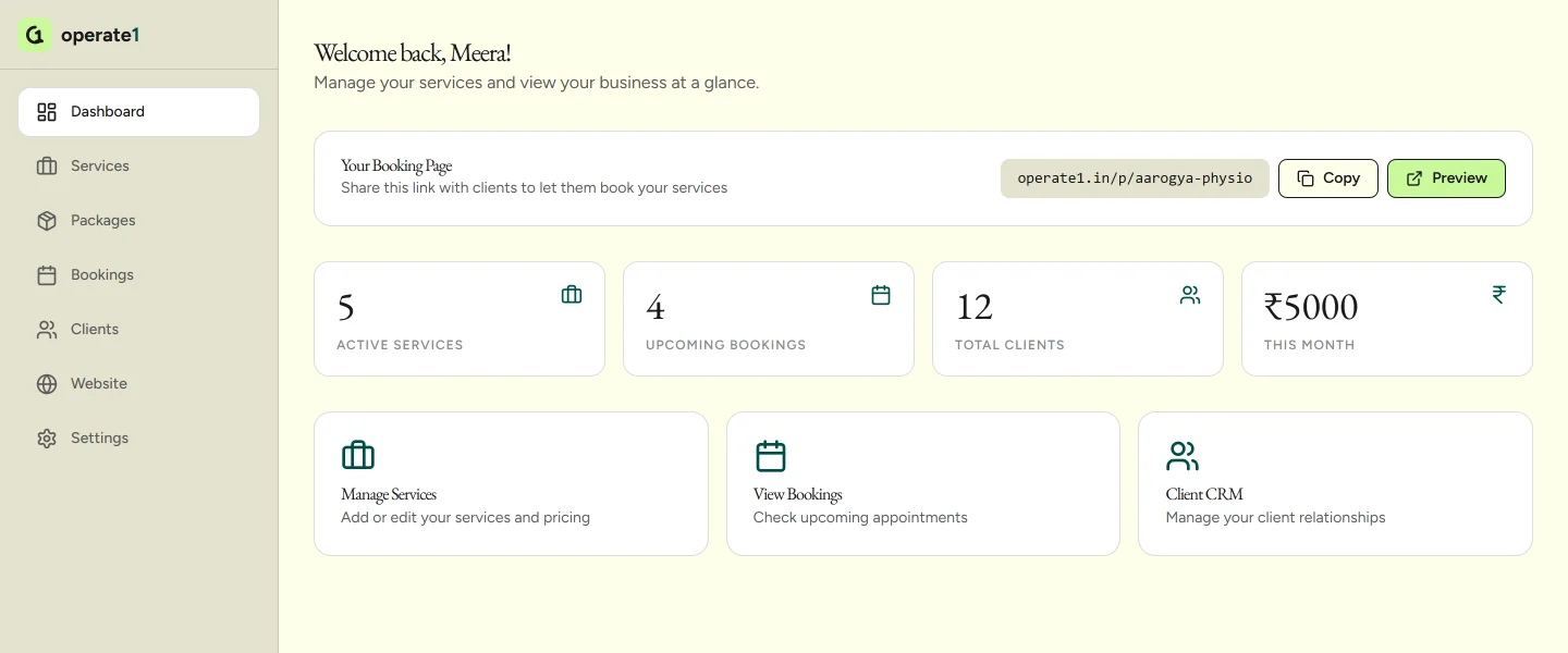 The operate1 dashboard showing active services, upcoming bookings, total clients and revenue collected this month, with the booking page link at the top.