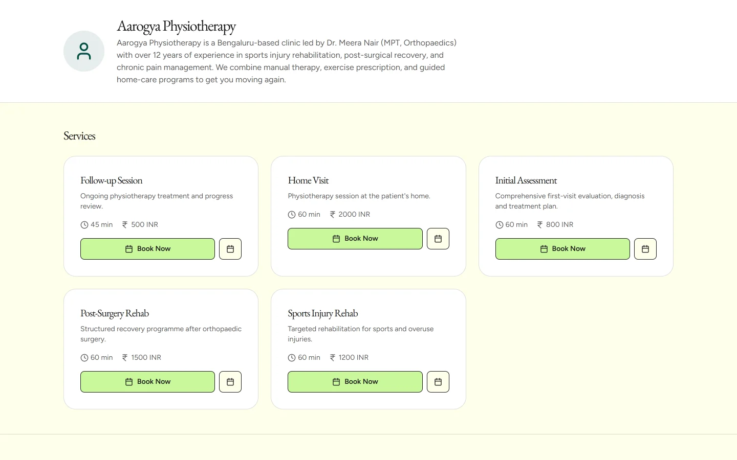 A public operate1 booking page for a physiotherapy clinic, listing five services with their duration, fee and a book now button.