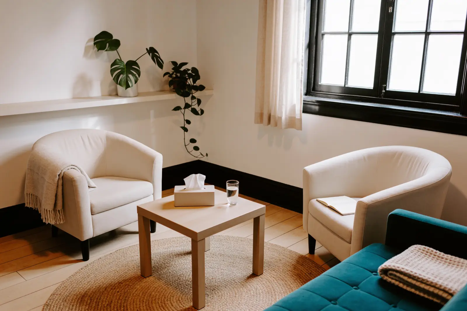 An empty counselling room with two cream armchairs turned towards each other, a low table and a soft woven rug.