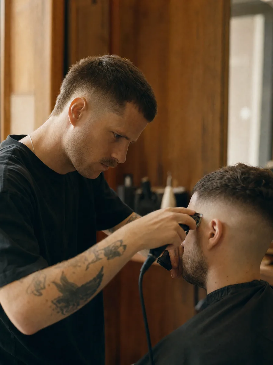 A barber concentrating as he clips a client's fade in a warm wood-panelled neighbourhood barbershop