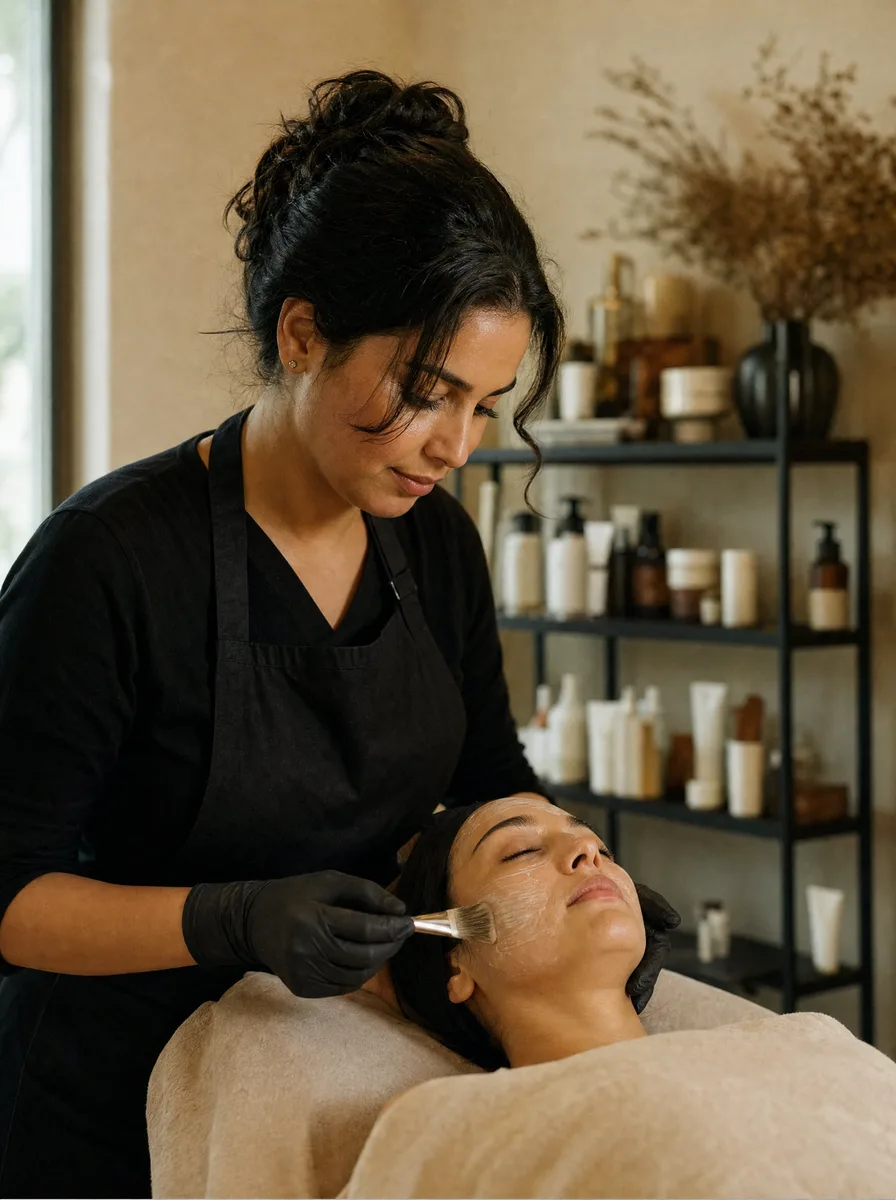 An esthetician brushing a treatment mask onto a client's face in a small beauty studio, product shelves behind