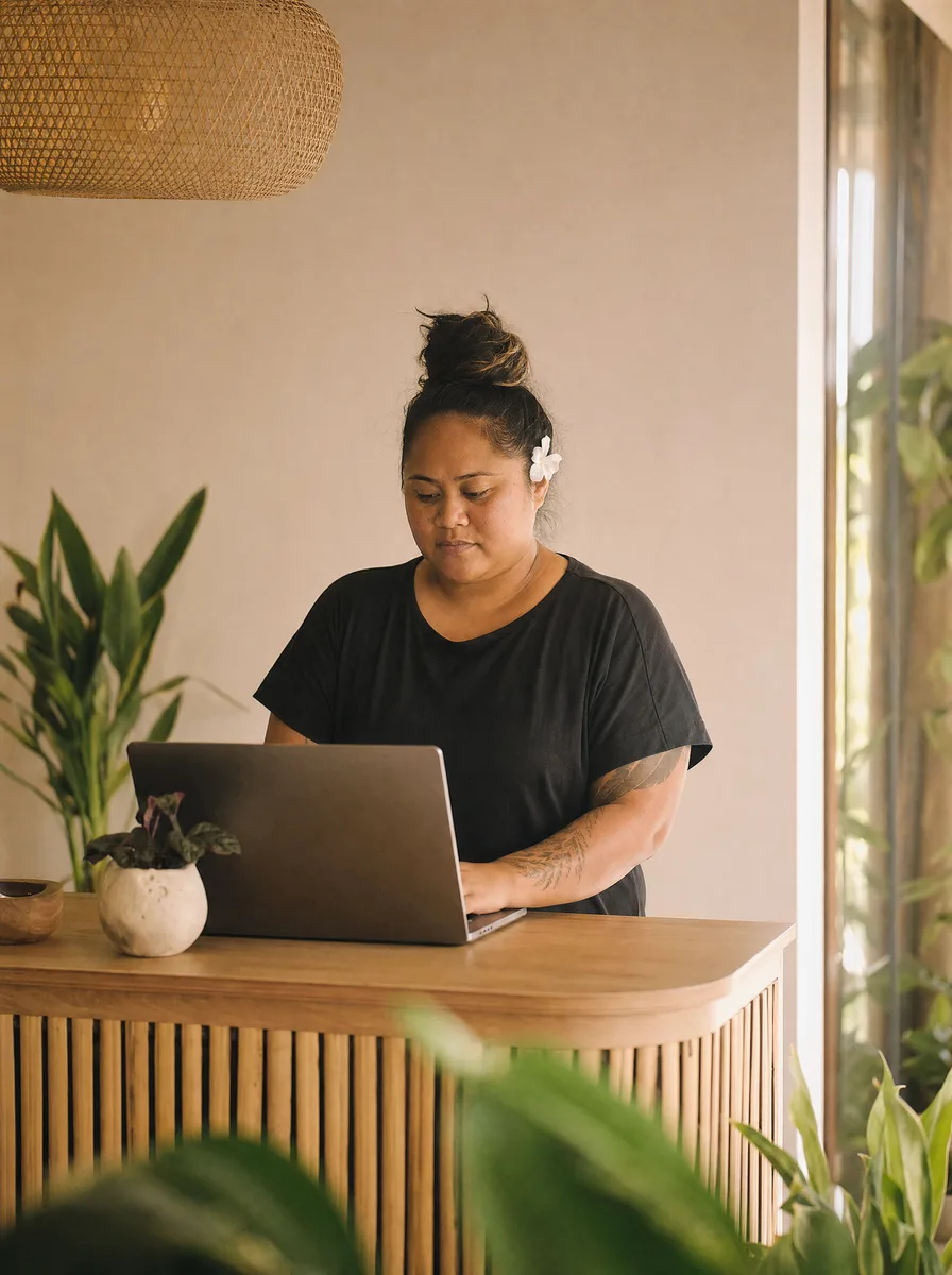 A salon owner at the front desk looking up a regular client's visit history on a laptop