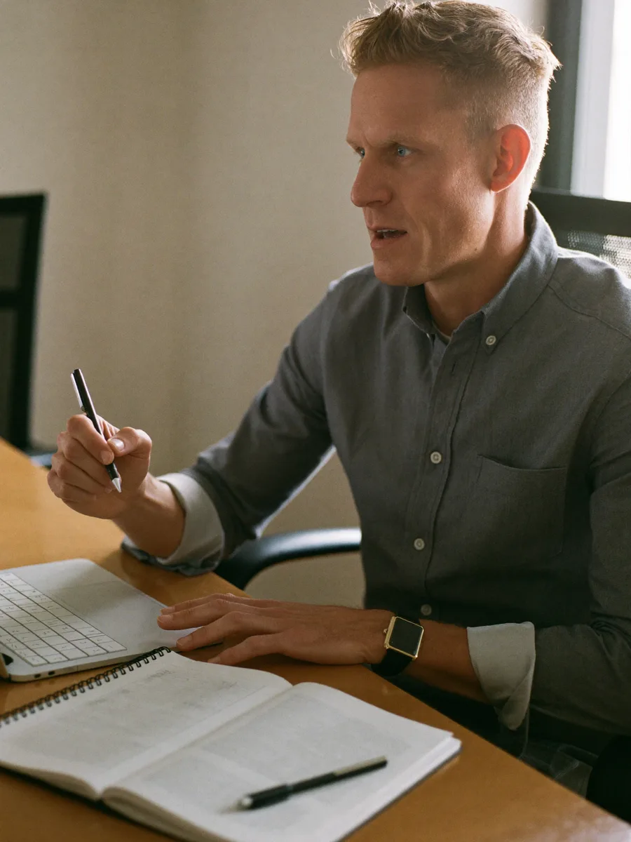 A career coach in a discovery call, listening intently, framework sketches on the pad in front