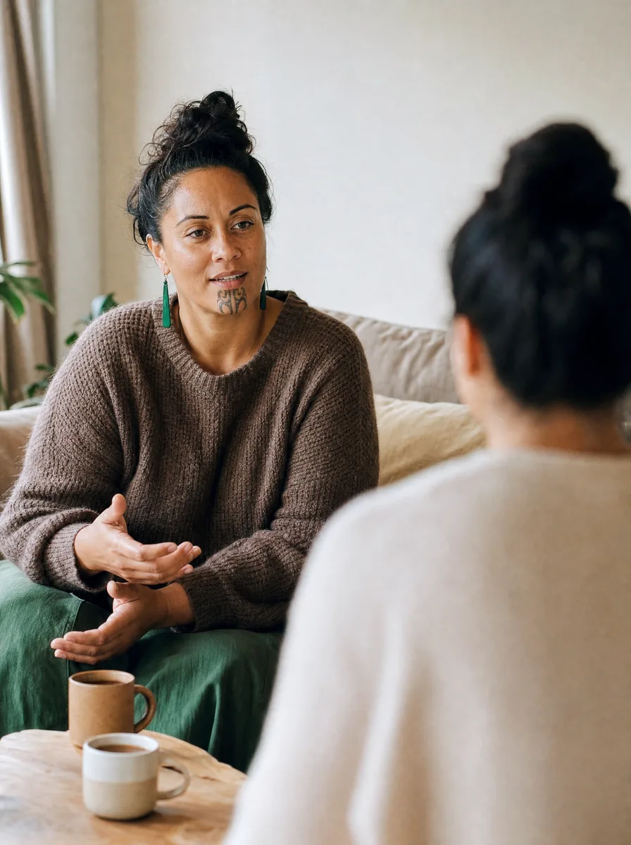 A wellness coach in a bright living room mid-conversation with a client, tea on the table between them