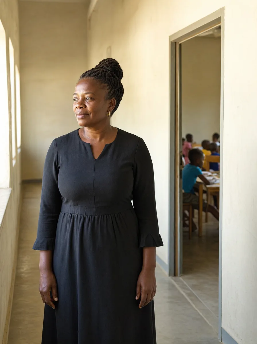 A learning-centre director standing in the corridor outside a classroom of students at work