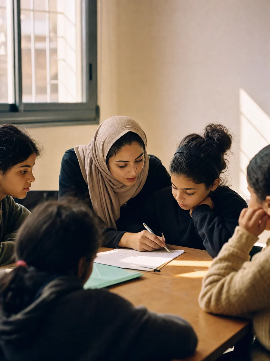 A tutor leaning over the table to work through a problem with a student in a small after-school group