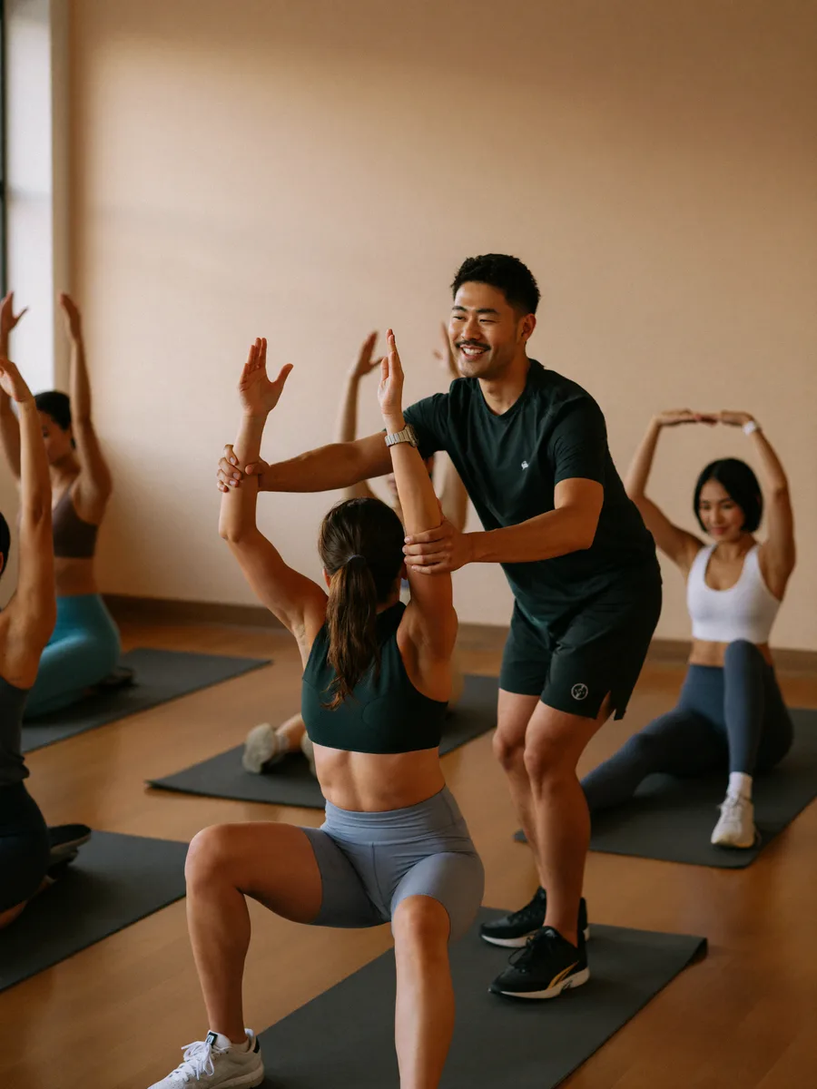 A fitness instructor leading a small group session in a studio, mats spaced across the floor