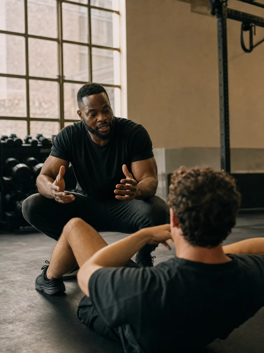 A gym owner crouched on the weights floor talking a member through a movement mid-set