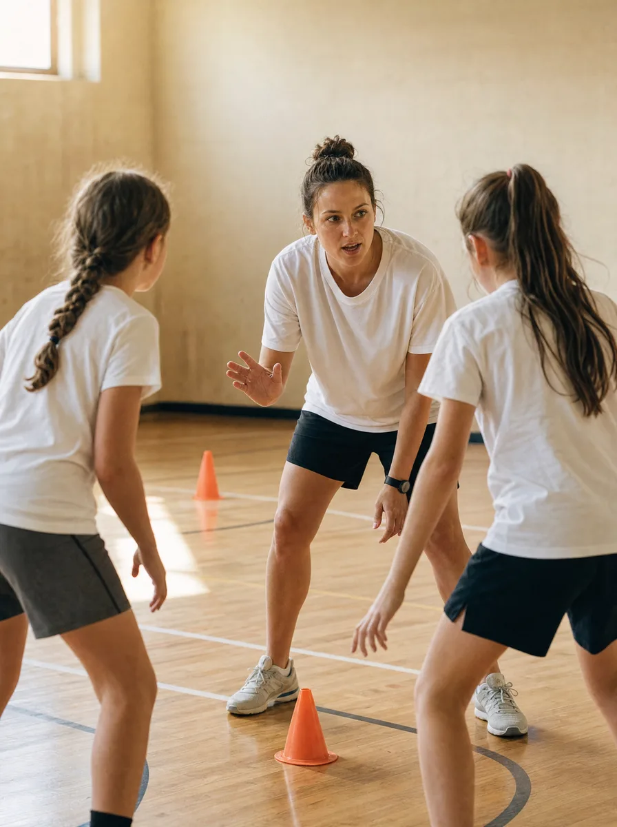 A youth sports coach running a training drill with two young players on an indoor court
