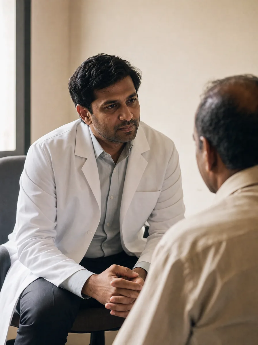 A general practitioner in a consulting room leaning forward, listening closely to a seated patient