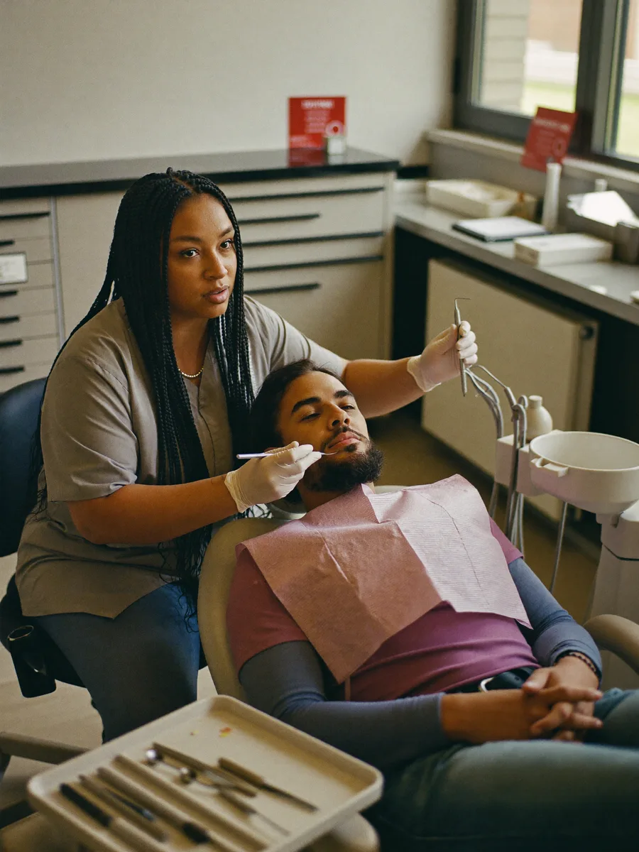 A dentist examining a patient reclined in the chair, instrument tray ready beside her
