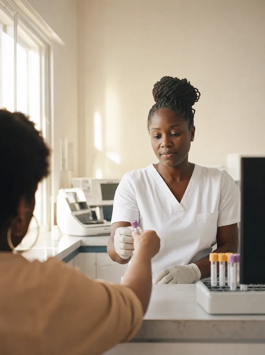 A lab technician at a diagnostics collection desk receiving a sample from a patient