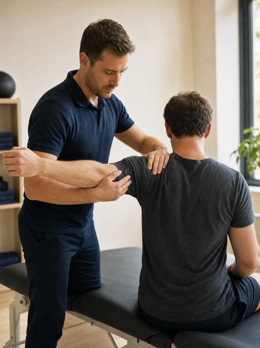 A physiotherapist guiding a patient through a shoulder exercise beside a treatment table