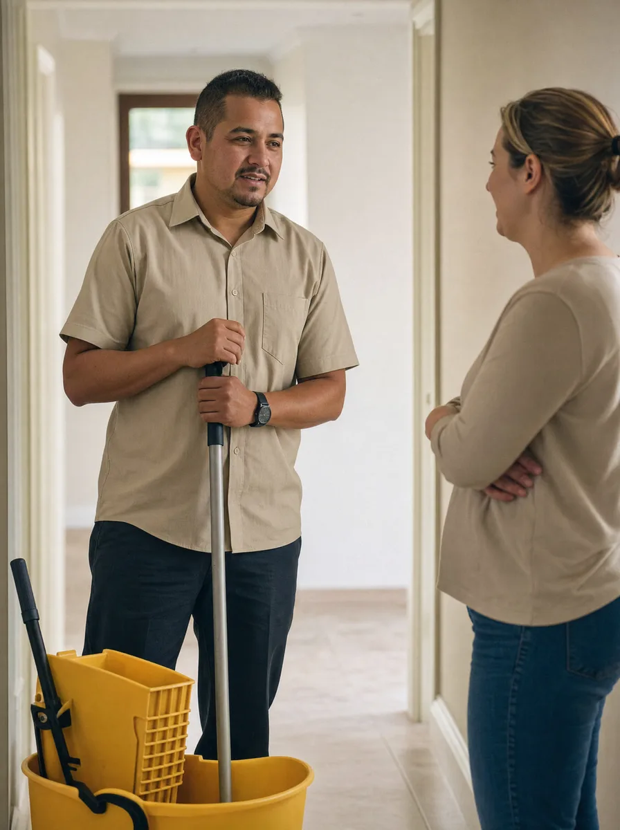 A cleaning team lead in uniform talking with a homeowner in the hallway, mop and bucket ready