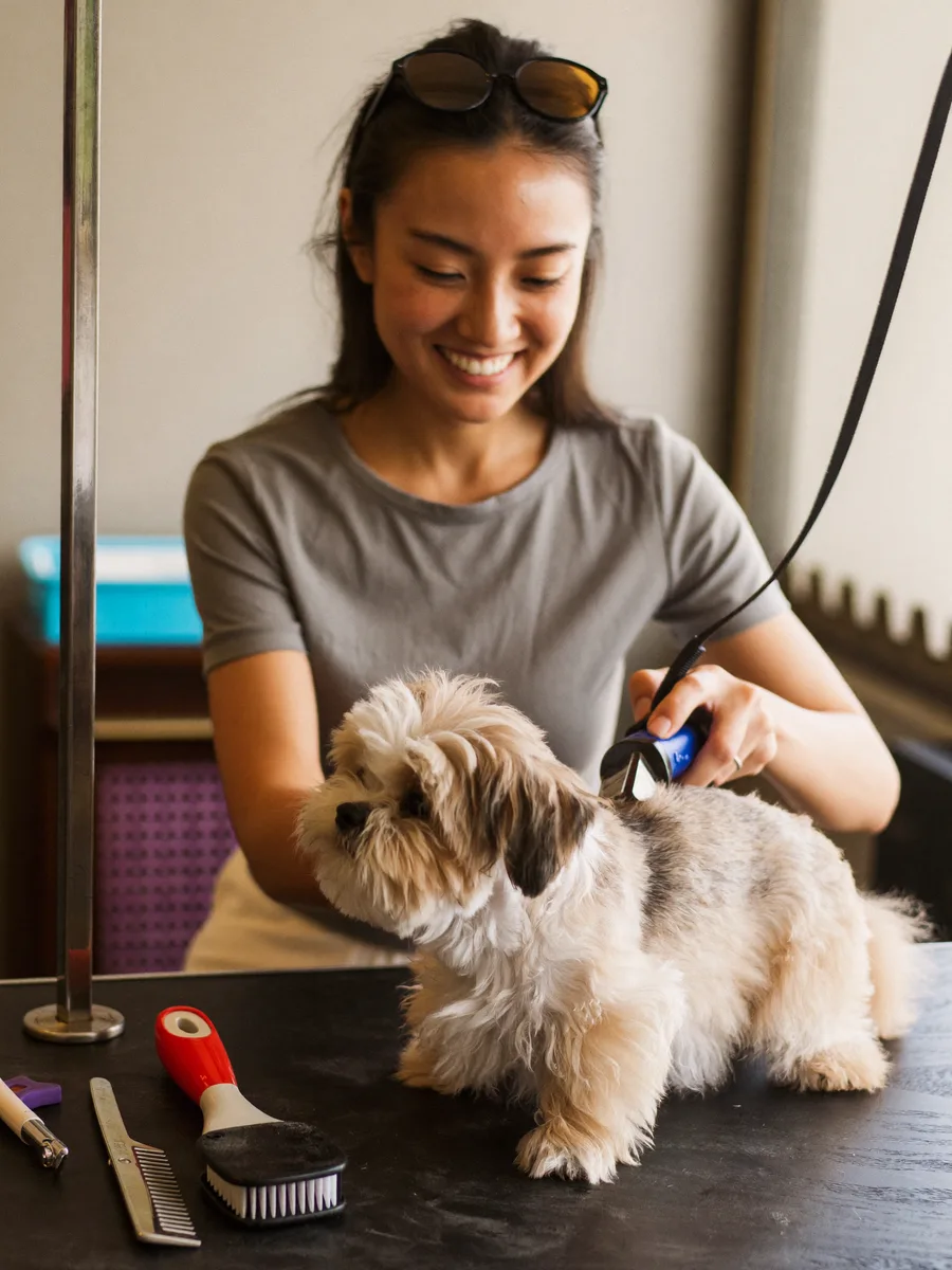 A pet groomer drying a small dog on a grooming table, brushes and clippers in reach