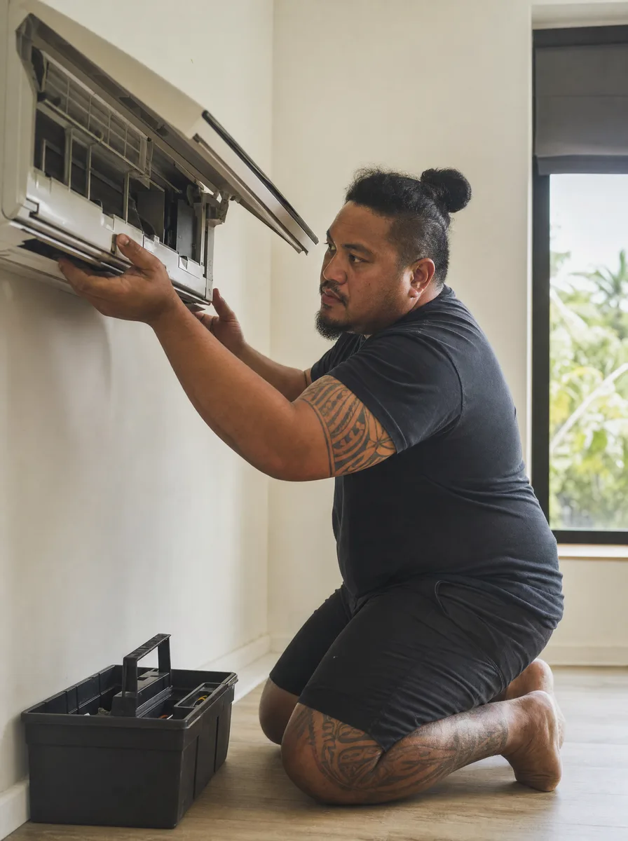 An appliance repair technician servicing a heat pump unit, toolbox open on the floor